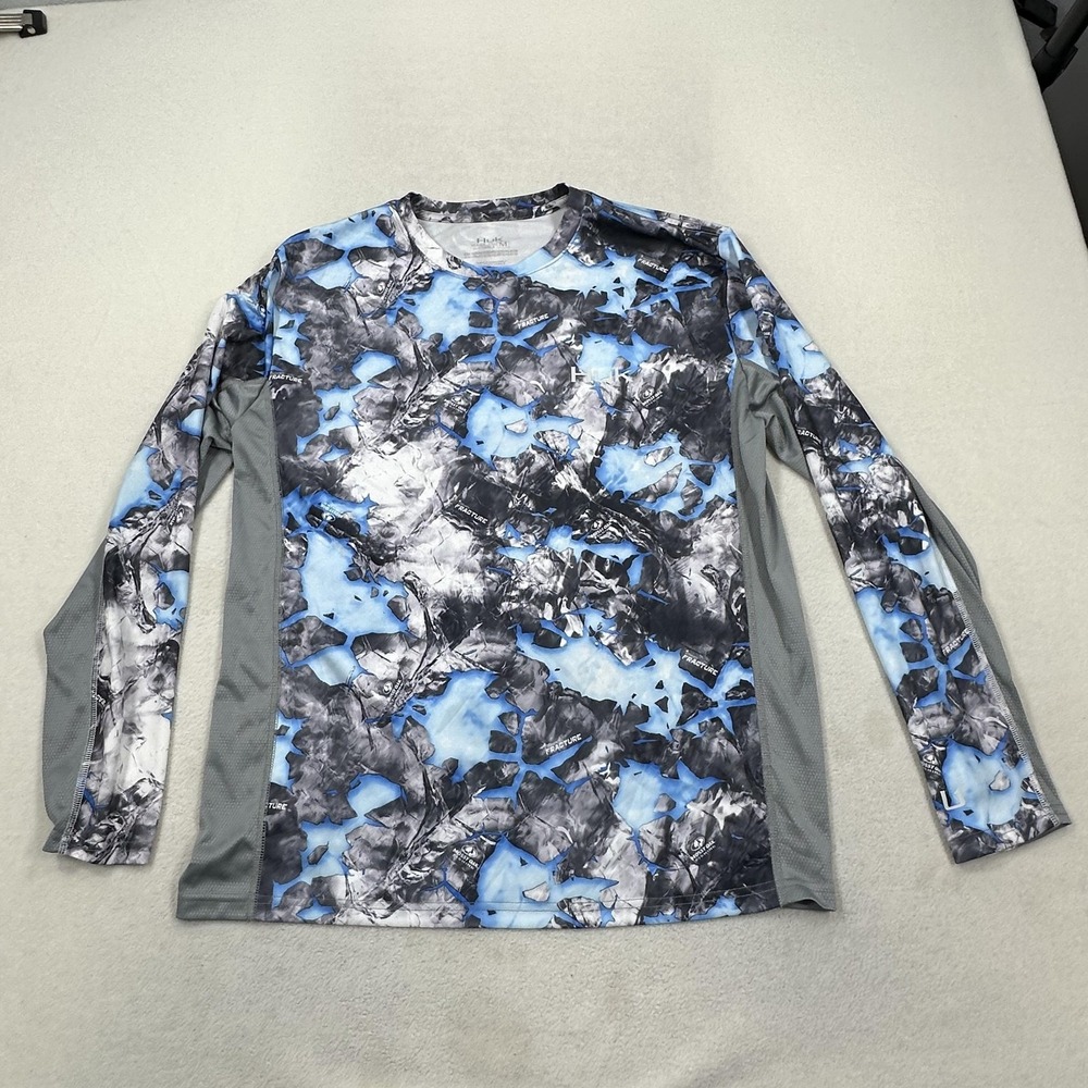 Huk Icon Mossy Oak Elements Camo Shirt Mens Medium Blue Fishing Performance LS